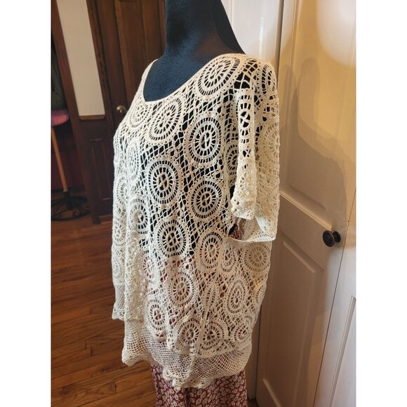Ivory Crochet Short Sleeve Sweater L Boho Fairy Cottage Western Coastal Retro - Picture 6 of 6